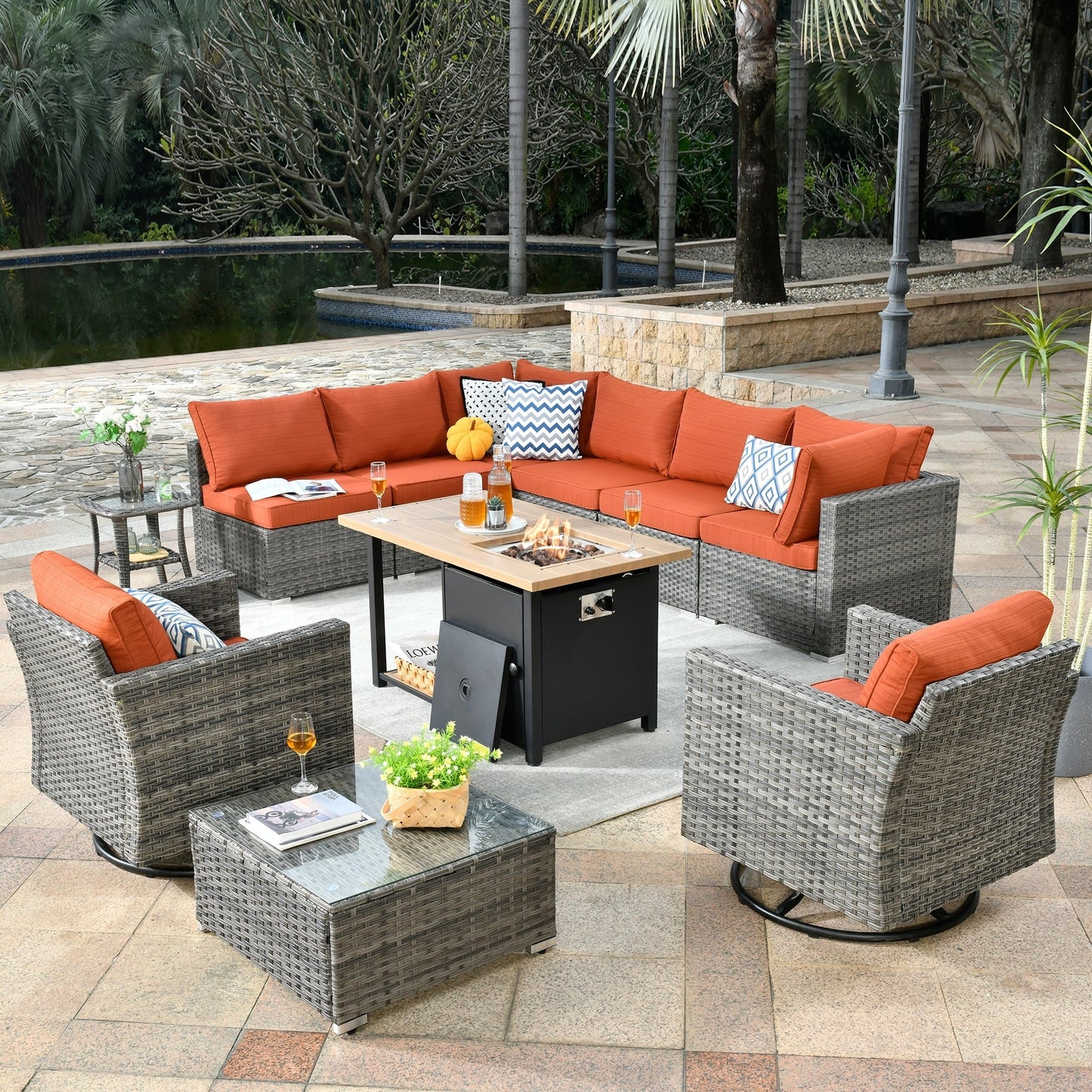OVIOS Deep Seat Wicker 11-piece Sectional Set Swivel Chairs Fire Pit