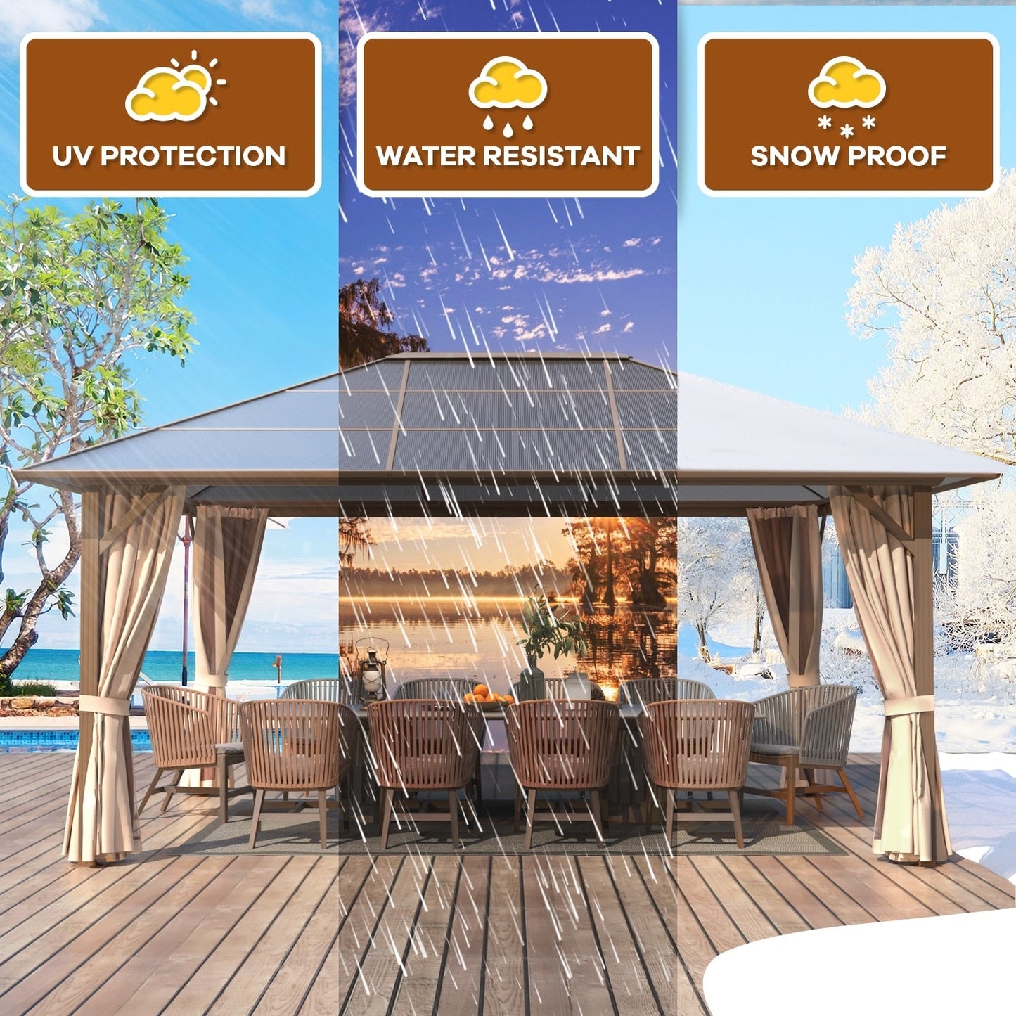 EROMMY Hardtop Gazebo,Outdoor Pergola with Double Roof & Netting & Curtains,Heavy Duty Canopy for Patio, Backyard, Pool party