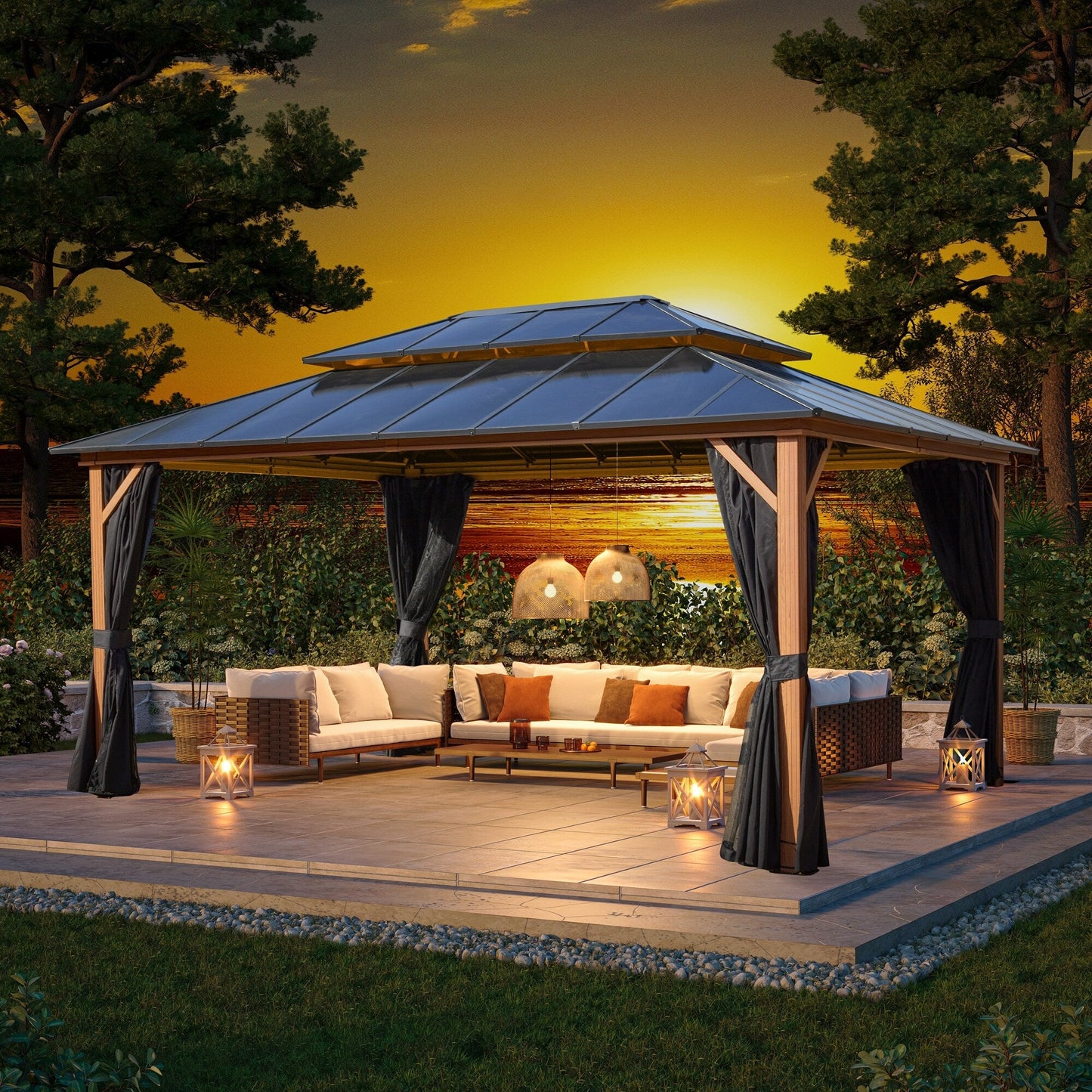 EROMMY Hardtop Gazebo,Outdoor Pergola with Double Roof & Netting & Curtains,Heavy Duty Canopy for Patio, Backyard, Pool party