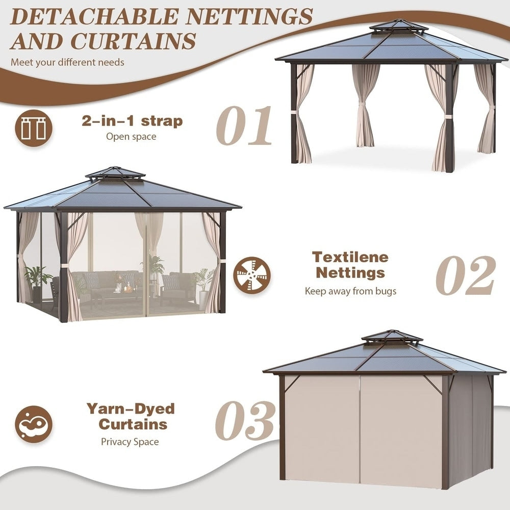 Hardtop Gazebo for Backyard – Permanent Pergola with Netting, Curtains & Double Roof, All-Weather Outdoor Shelter