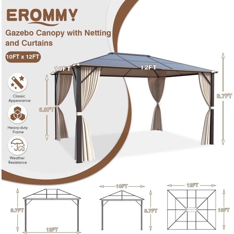 Hardtop Gazebo for Backyard – Permanent Pergola with Netting, Curtains & Double Roof, All-Weather Outdoor Shelter