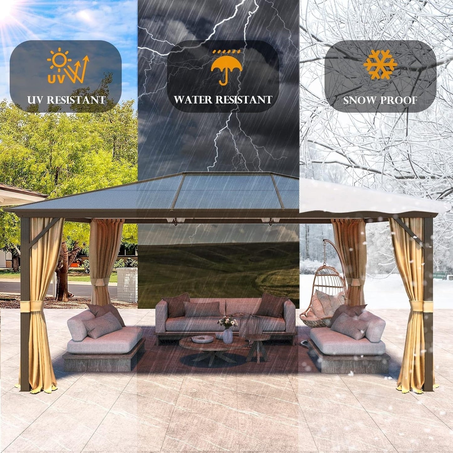 Hardtop Gazebo for Backyard – Permanent Pergola with Netting, Curtains & Double Roof, All-Weather Outdoor Shelter