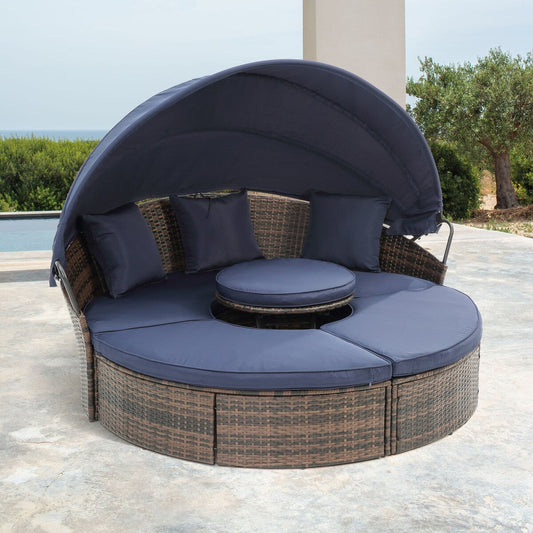 Outdoor Rattan Round Canopy Daybed with Lift Coffee Table, Navy Blue Deep Seating Sofa Bed with Pillows and Washable Cushions