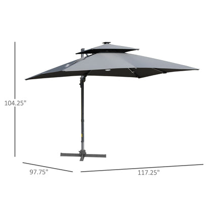 Outsunny 10ft Solar LED Patio Umbrella, Offset Hanging Umbrella with 360° Rotation, Cross Base, 8 Ribs, Tilt and Crank