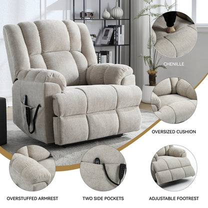 Oversized Chenille Power Lift Recliner Chair with Massage and Lumbar Heating, Infinite Position Reclining