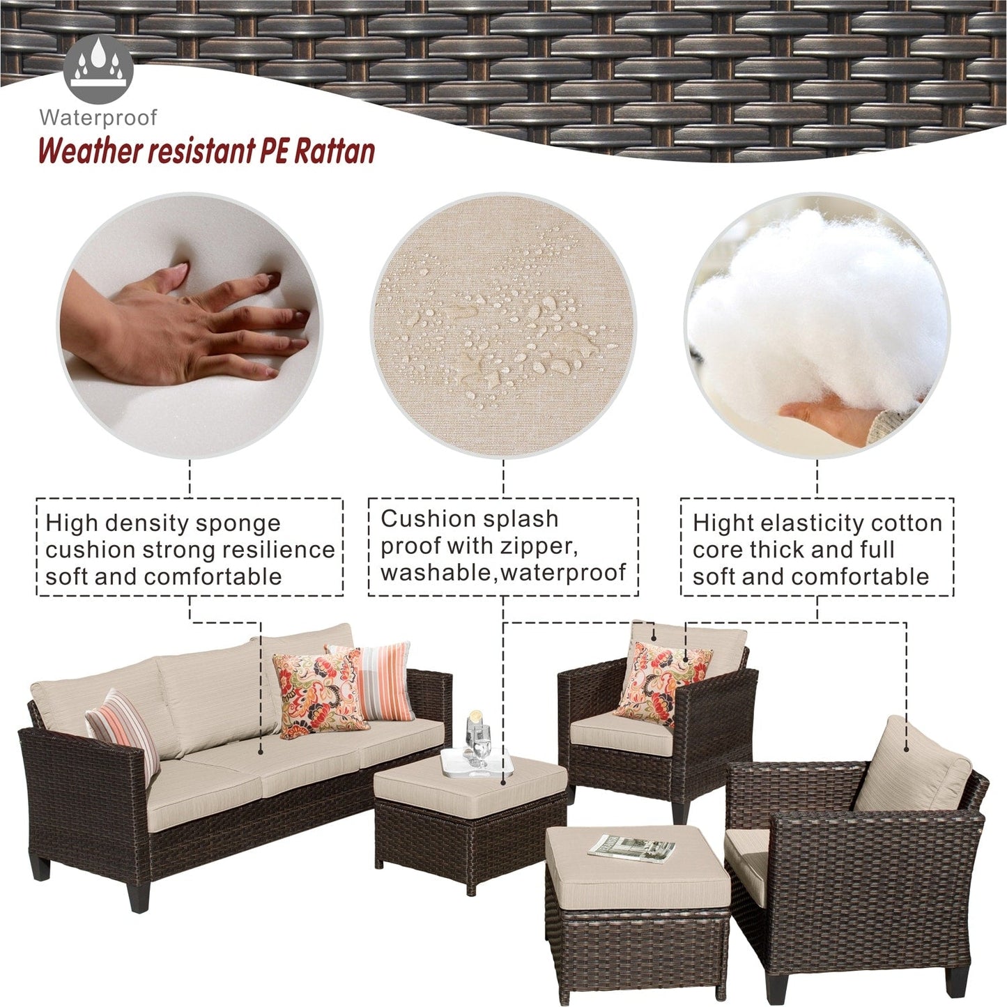 OVIOS 5-piece Patio Furniture Wicker Outdoor High-back Seating Set