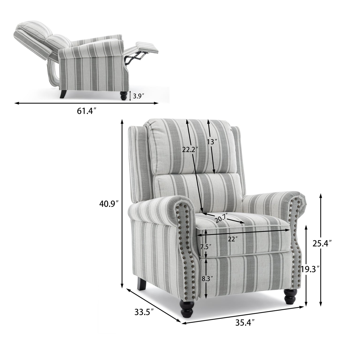 Manual Pushback Recliner Chairs with Nailhead Trim