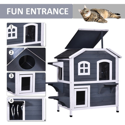 PawHut Fir Wood 2-Story Outdoor Cat House, Wooden Feral Cat Shelter with Openable Asphalt Roof for Indoor/Outdoor, White / Grey