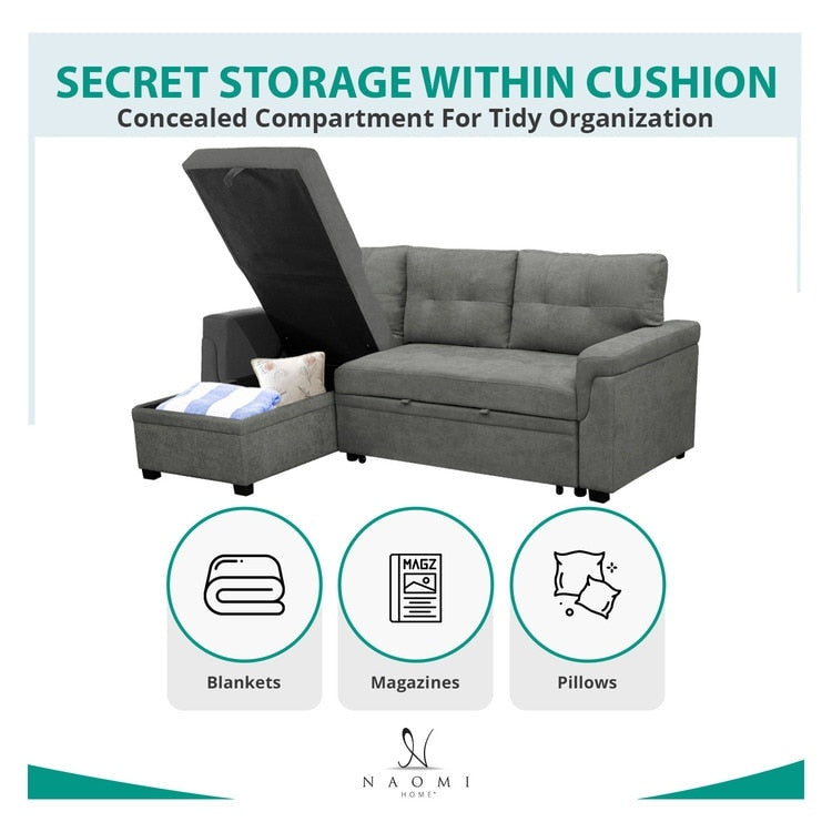 Reversible Sectional Sofa with Pull-Out Sleeper Bed, Hidden Storage Chaise, Durable Legs,