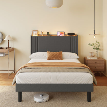 Queen/ Full Vertical Channels Upholstered Bed with Wingback Headboard