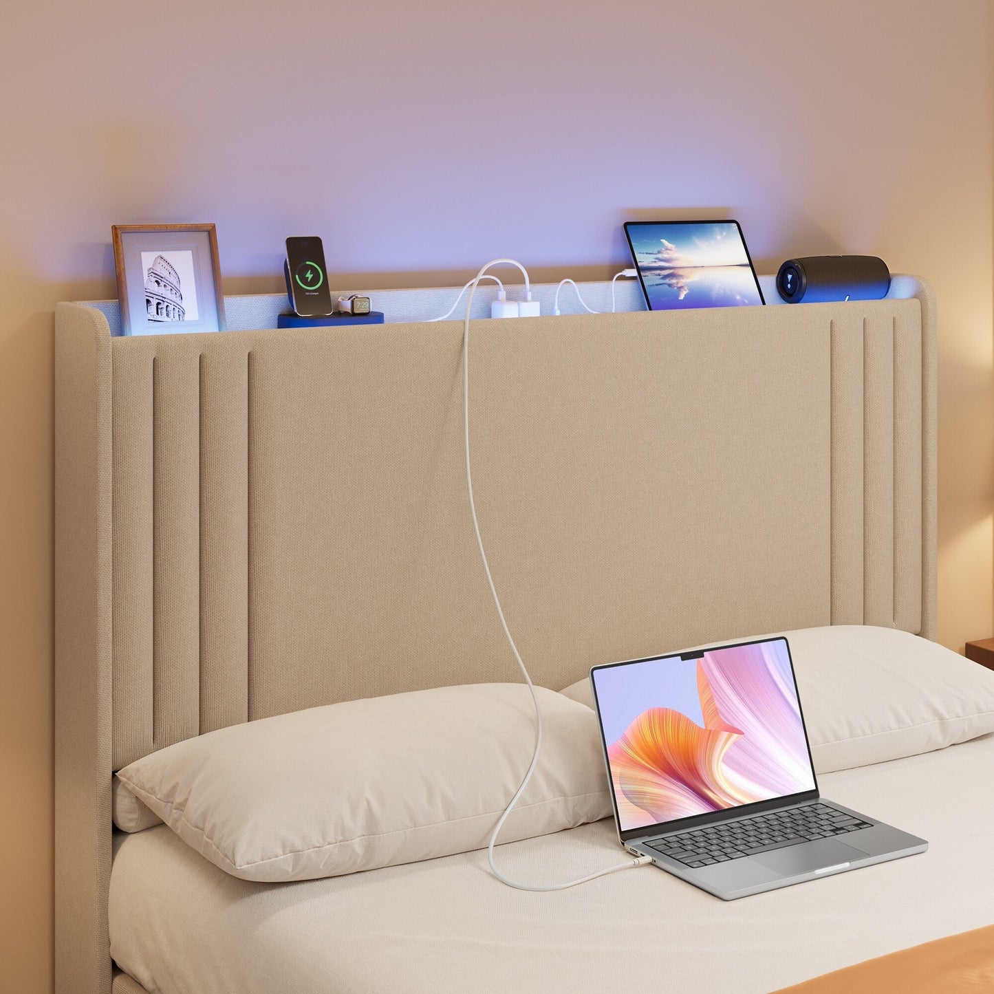 Queen/ Full Vertical Channels Upholstered Bed with Wingback Headboard