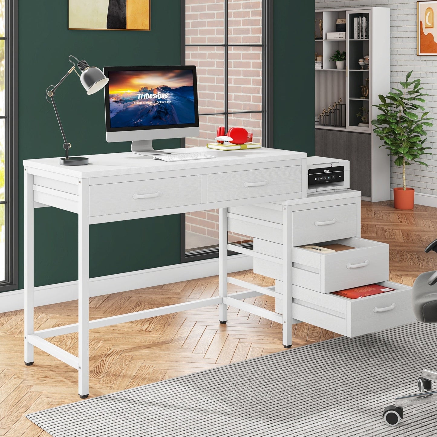 Reversible Computer Desk with 5 Drawers, Home Office Desk with File Cabinet Drawer Printer Stand