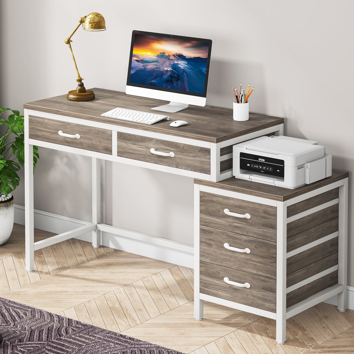 Reversible Computer Desk with 5 Drawers, Home Office Desk with File Cabinet Drawer Printer Stand