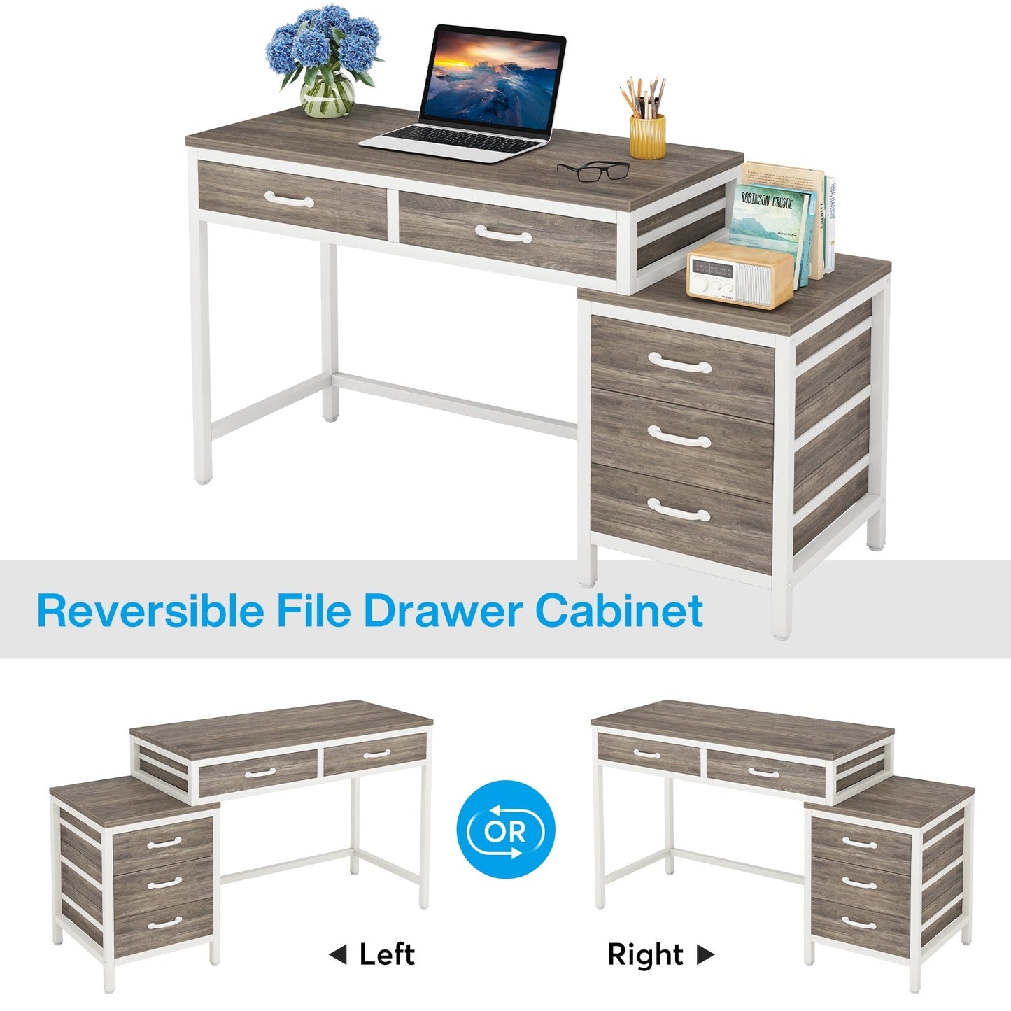 Reversible Computer Desk with 5 Drawers, Home Office Desk with File Cabinet Drawer Printer Stand