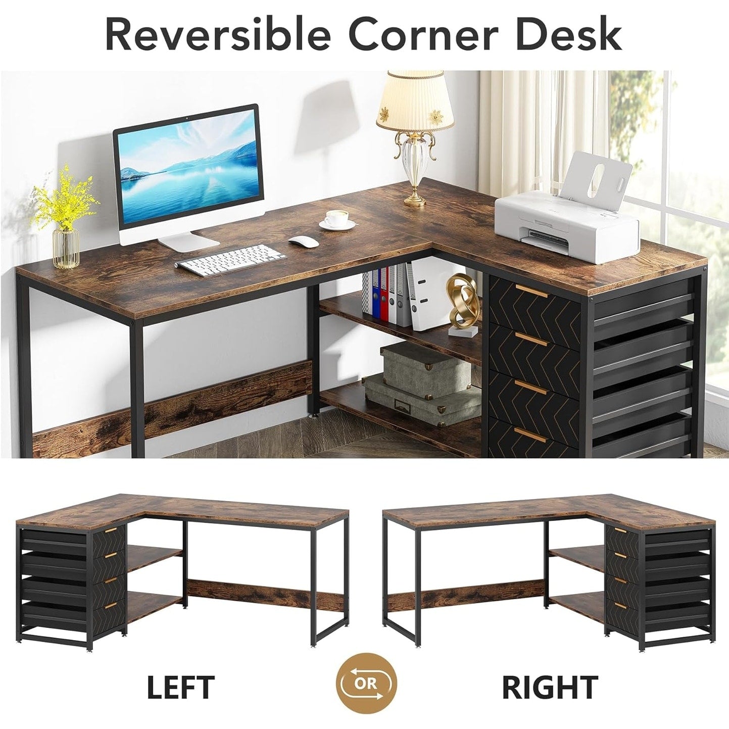 Reversible L-Shaped Office Desk Computer Desk Sturdy Writing Table Workstation