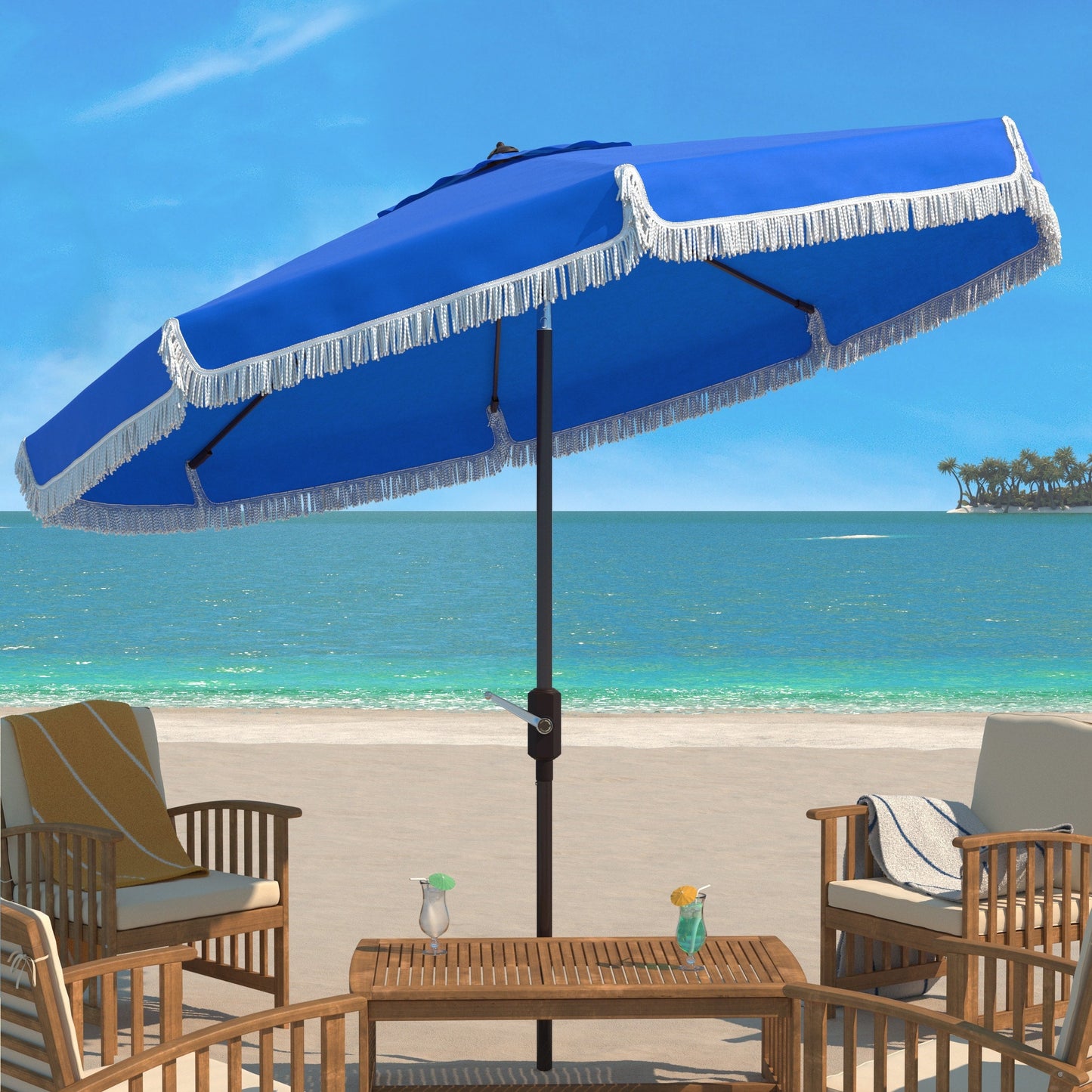 SAFAVIEH Ronette Fringe 9 Ft Crank Outdoor Umbrella