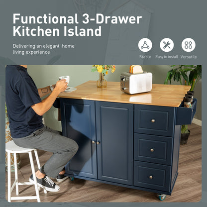 Sophia & William Kitchen Island Cart with Drop-Leaf and Rubber Wood Top, Rolling Kitchen Trolley Cart with Large Storage Cabinet