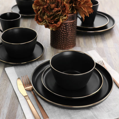 Stoneware Dinnerware 16 Piece Set in Black with Gold Rim