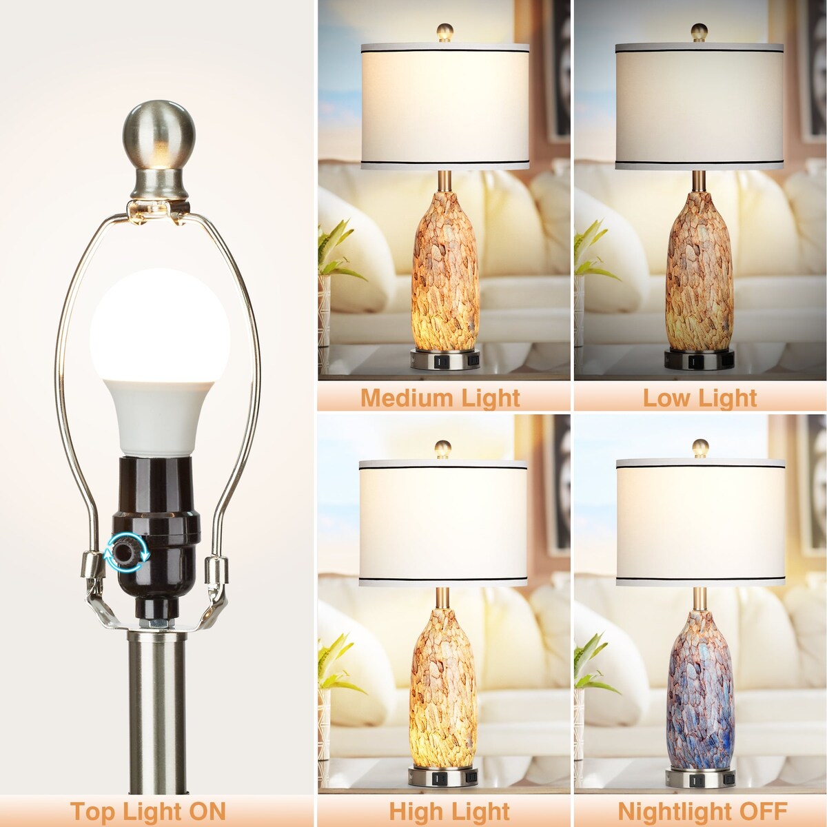 Table Lamp with Nightlight 2in1 Indigo Glass Lamp Body Charging Ports AC Outlet Drum Shade Touch Dimming Switch(Set of 2)