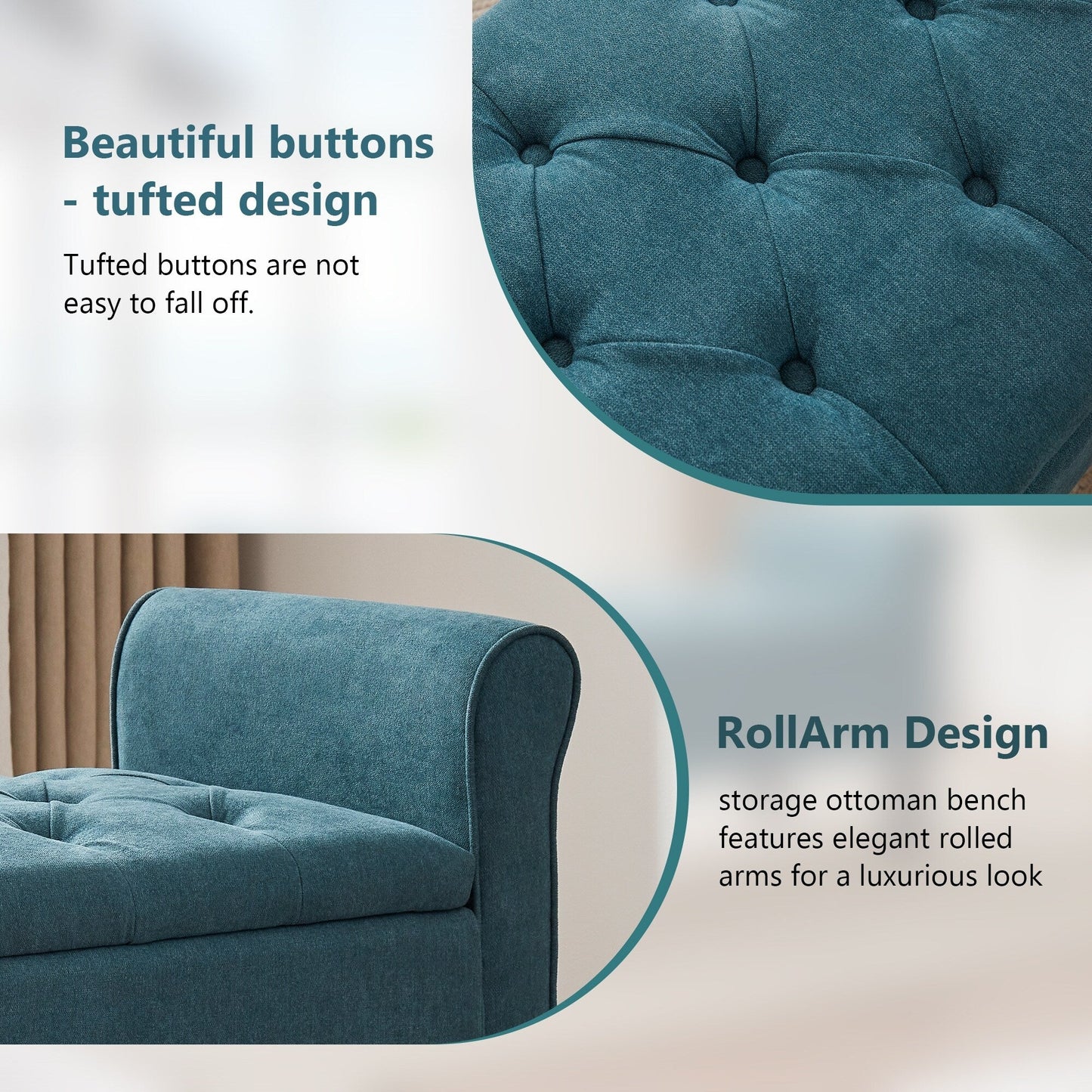 Upholstered Storage Bench Arm Bench Entryway Bench with Tufted Flip Top 50.4 Inches