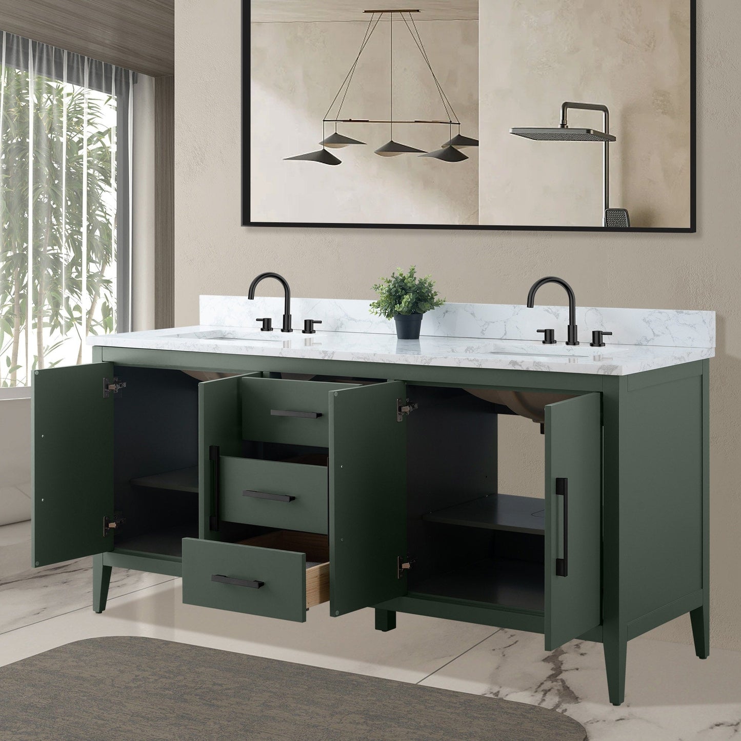 Vanity Art 72 Double Sink Bathroom Vanity Cabinet with Engineered Marble Top