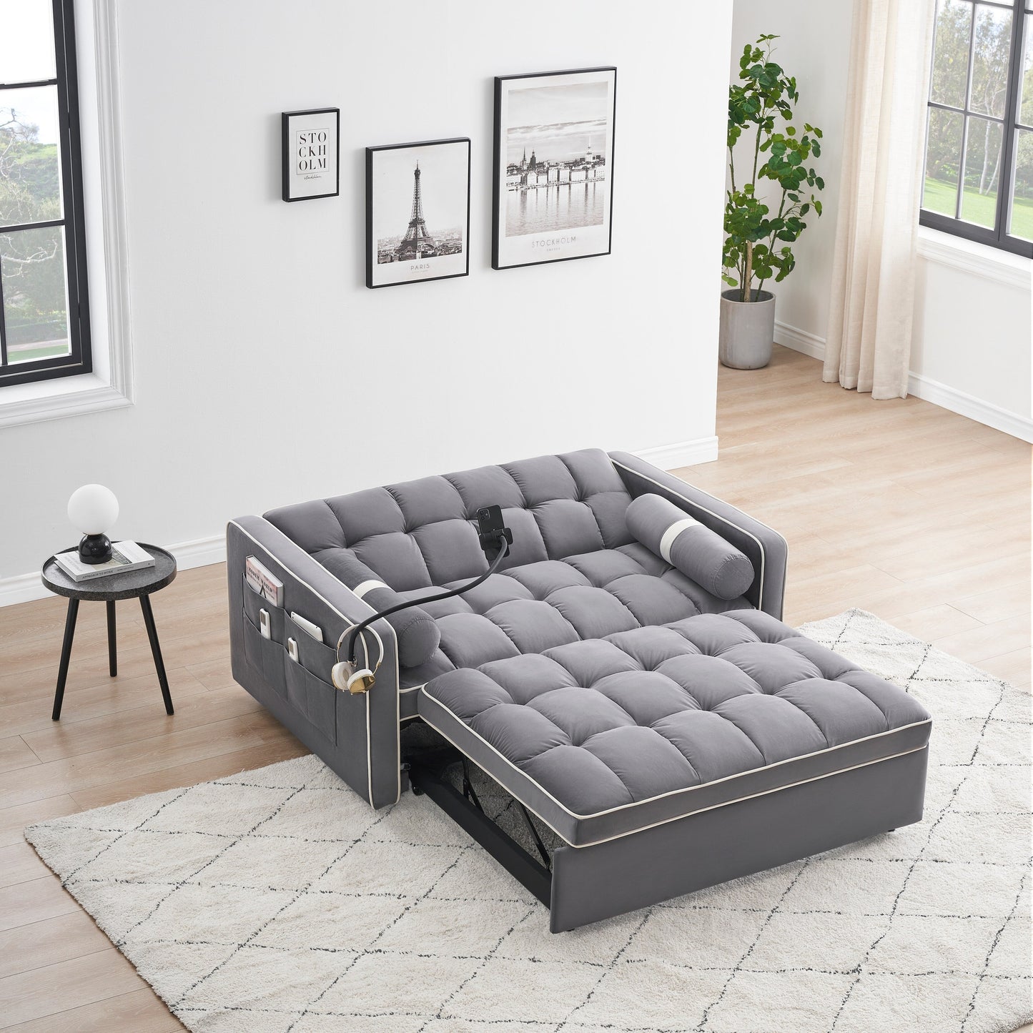 Velvet Convertible 55'' 2-Seater Sleeper Sofa with Pull-Out Bed, Adjustable Recline, Side Pockets, and Phone Holder