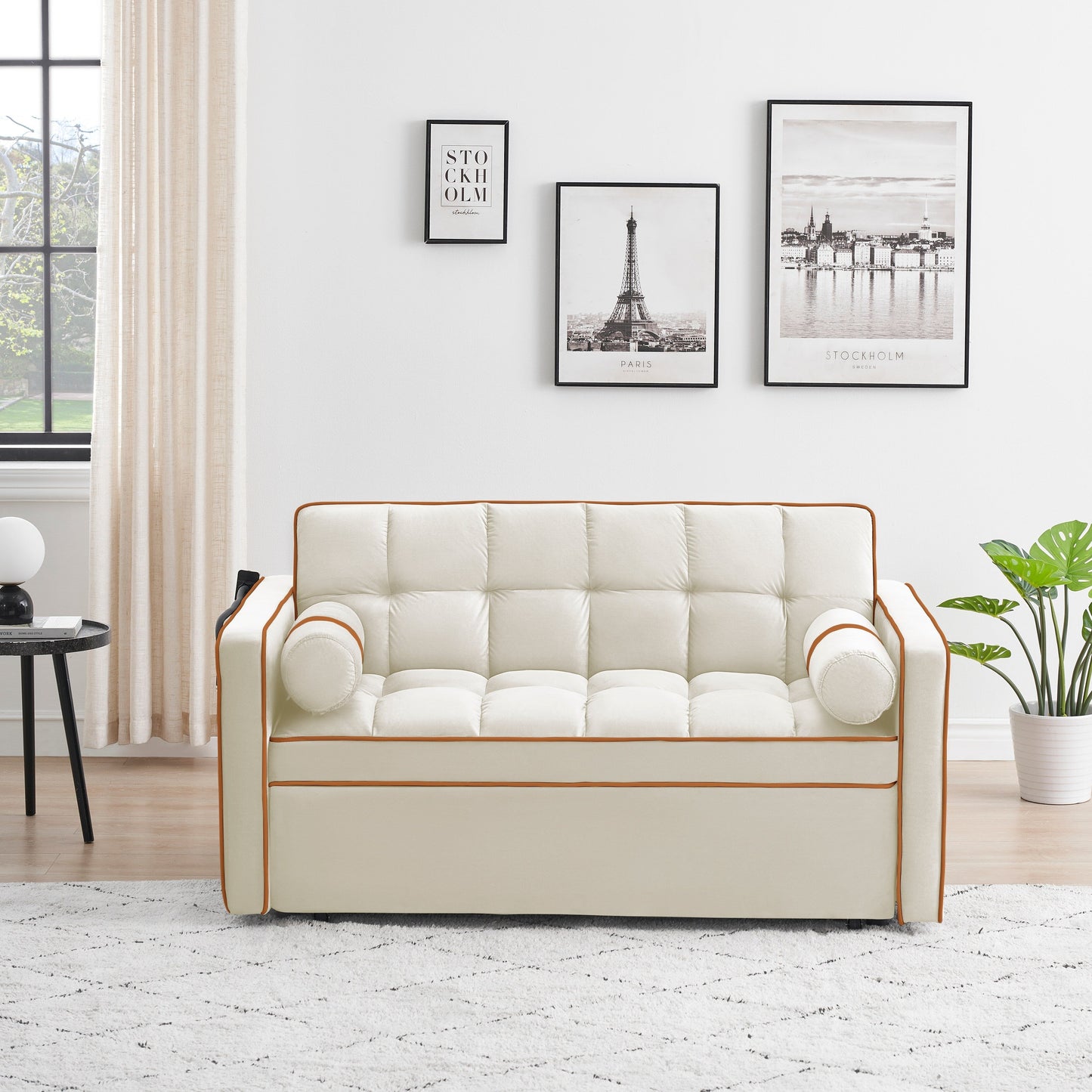 Velvet Convertible 55'' 2-Seater Sleeper Sofa with Pull-Out Bed, Adjustable Recline, Side Pockets, and Phone Holder