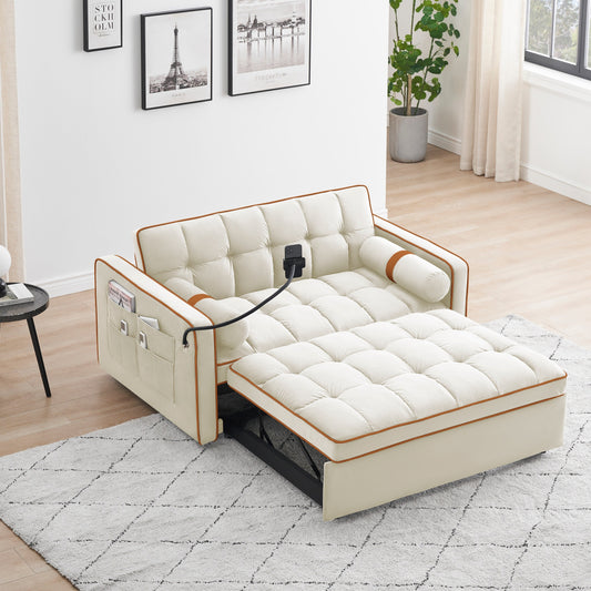 Velvet Convertible 55'' 2-Seater Sleeper Sofa with Pull-Out Bed, Adjustable Recline, Side Pockets, and Phone Holder