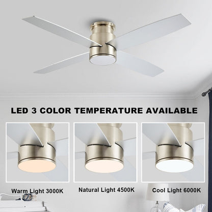 WINGBO 44/52 Inch Flush Mount DC Ceiling Fan with Lights and Remote, 4 Reversible Blades