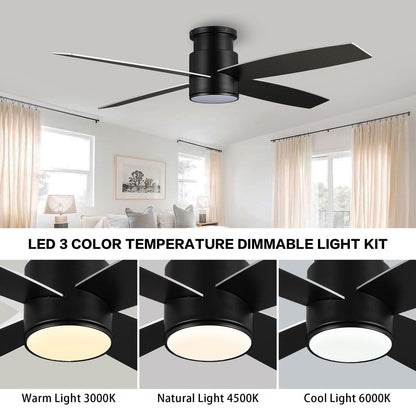 WINGBO 44/52 Inch Flush Mount DC Ceiling Fan with Lights and Remote, 4 Reversible Blades