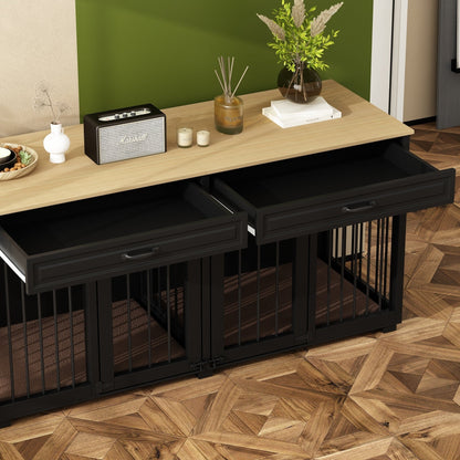 Wooden Double Dog Crate Kennel Furniture with 2 Drawers & Divider