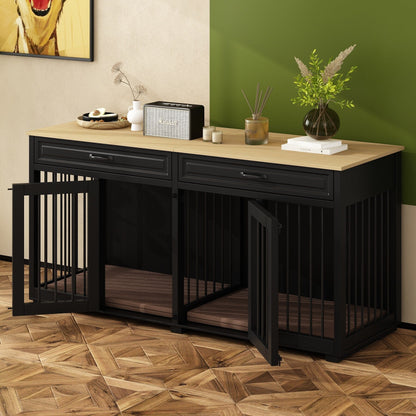 Wooden Double Dog Crate Kennel Furniture with 2 Drawers & Divider