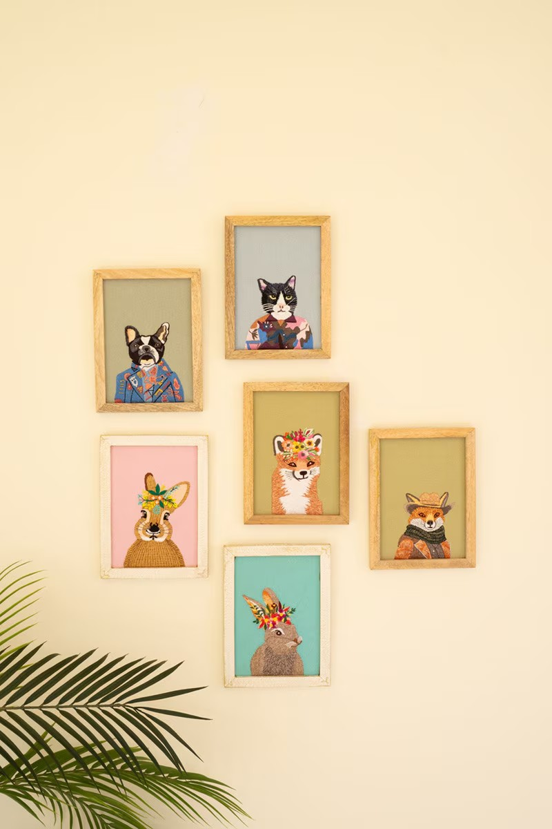 Framed Embroidered Rabbits - wood
