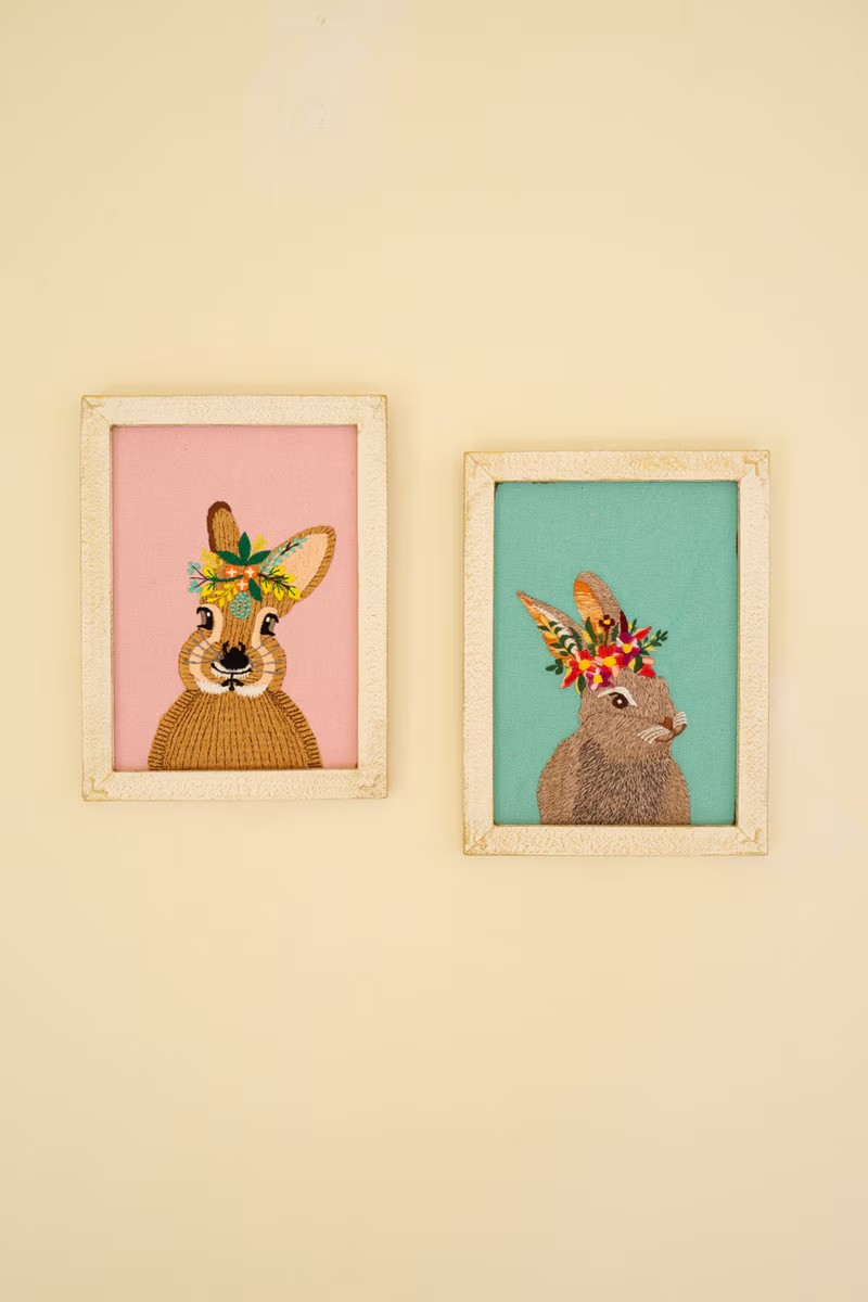 Framed Embroidered Rabbits - wood
