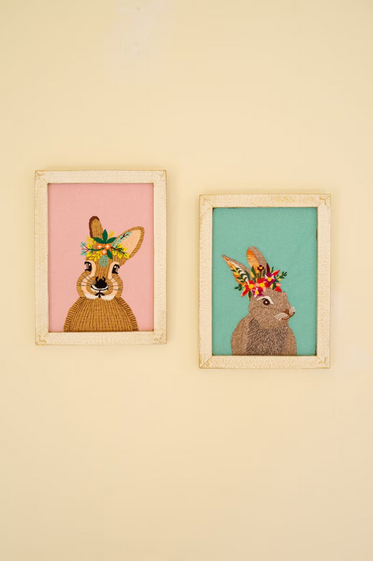 Framed Embroidered Rabbits - wood